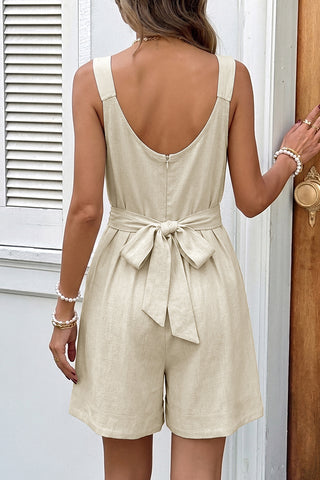 V Neck Solid Color Bow Tie Back Rompers