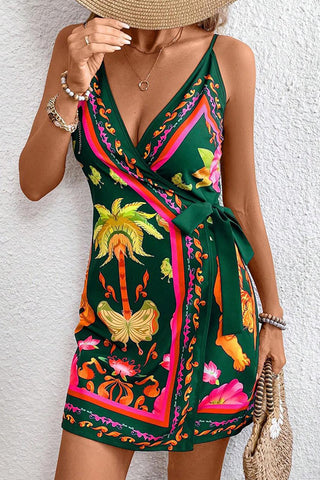 Tropical Print Tie Side V Neck Mini Dress
