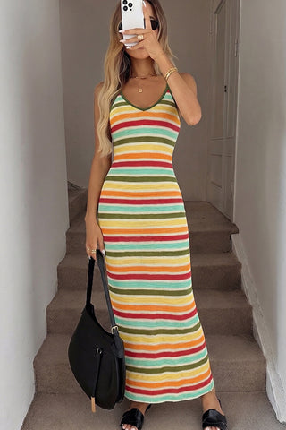 Colorful Stripe Print Back Cross Bodycon Dress