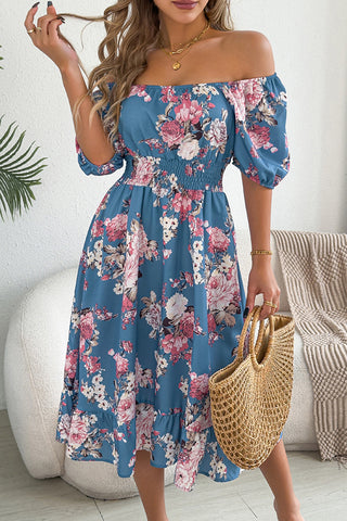 Resort Style Floral Print Smocked Waist Dress