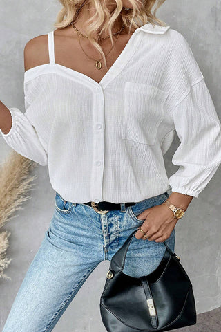 Solid Color Lapel Off-Shoulder Casual Shirt