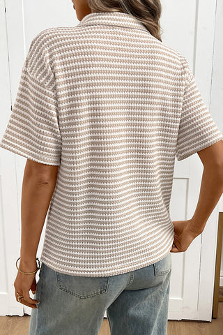 Color Block Lapel Knitted Short Sleeve Tops