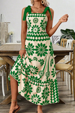 Boho Style Printed Tie Shoulder Smocked Back Dress