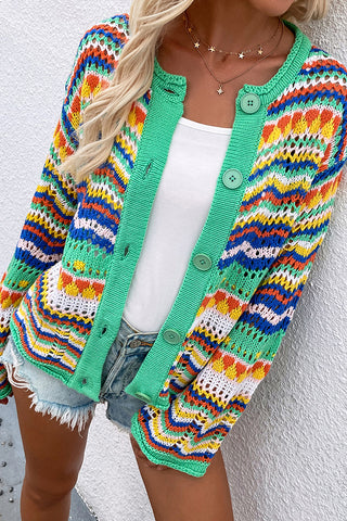 Color Block Hollow Knitted Open Front Cardigan