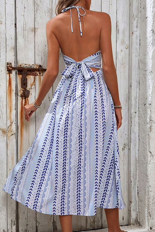 Resort Style V Neck Frill Printed Halter Neck Dress