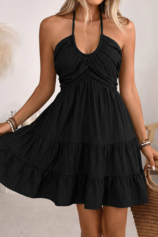 Smocked Back U Neck Halter Neck Mini Dress