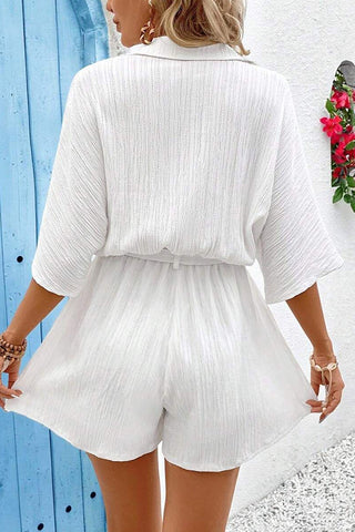 Solid Color Lapel Tie Waist Casual Romper