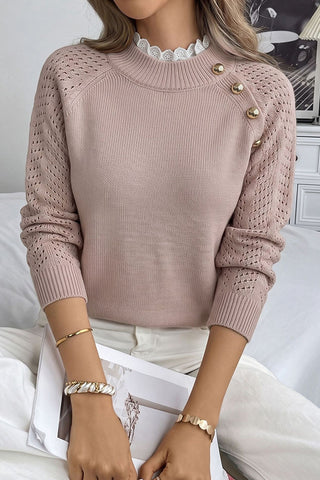 Lace Patchwork Color Block Button Detail Sweater