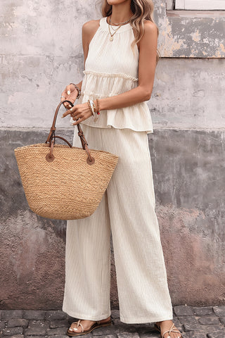 Stripe Print Halter Neck Frill Two Piece Set