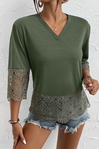Lace Patchwork V Neck Solid Casual Top