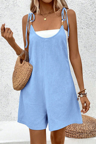 Solid Color U Neck Tie Shoulder Casual Romper