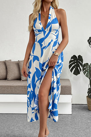 V Neck Leaf Print Slit Design Halter Neck Dress