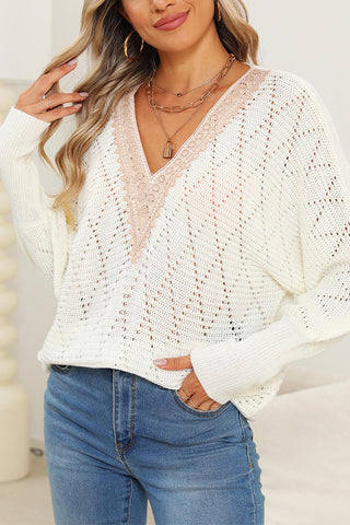 Lace Patchwork V Neck Batwing Sleeve Top