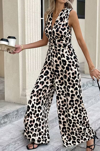Leopard Print V Neck High Waisted Jumpsuit