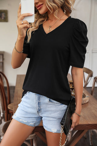 Solid Color V Neck Ruffle Sleeve Casual Tops
