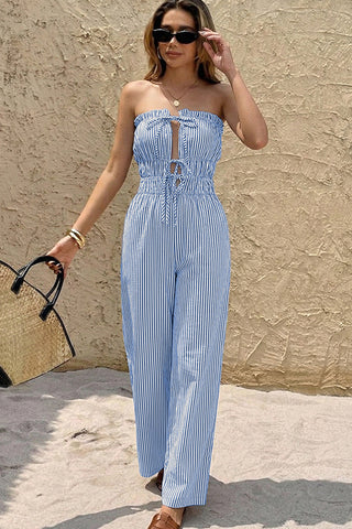Stripe Print Bandeau Cutout Tie Front Jumpsuit