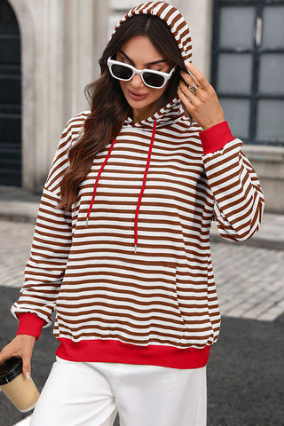 Stripe Print Color Block Hooded Pocket Sweatshirt
