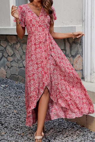 V Neck Printed Tie Waist Asymmetrical Hem Dress