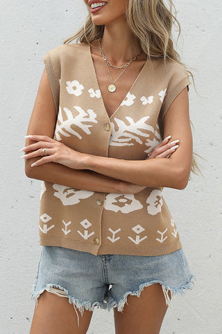 V Neck Printed Button Knitted Casual Top