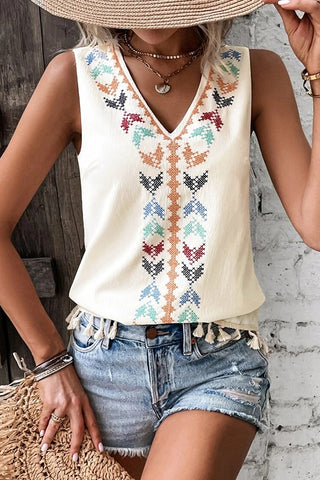 Bohemian Embroidered Spliced Hem Tassel Tops