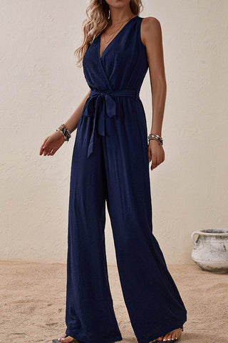 V Neck Solid Color Tie Waist Casual Jumpsuit