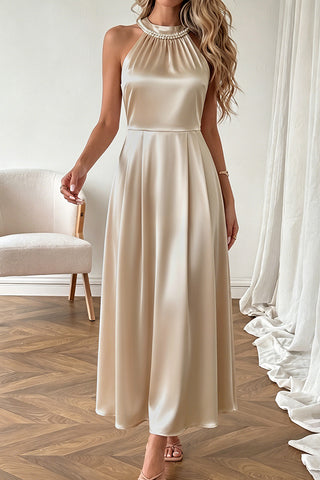 Minimalist Luxury Satin Halter Beaded Neckline Dress