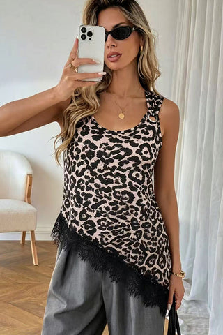 Leopard Print Lace Patchwork Irregular Hem Top