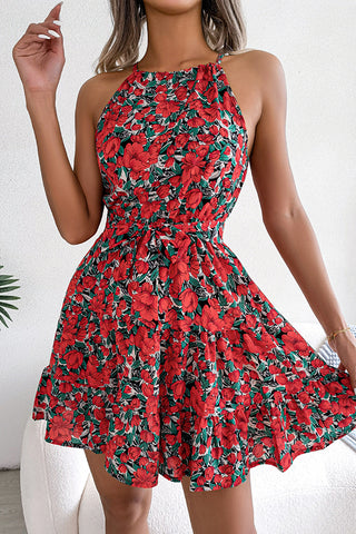 Floral Print Halter Neck Tie Waist Mini Dress
