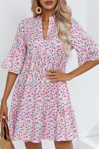 Floral Print V Neck Flared Sleeves Casual Dress