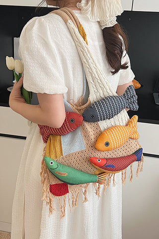 Bohemian Style Fish Design Color Block Knitted Bags
