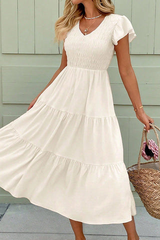 V Neck Smocked Solid Color Casual Dress