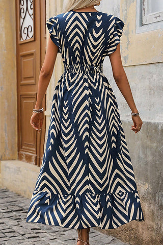 V Neck Smocked Waist Ruffle Sleeve Dress