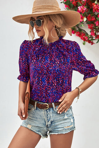 Floral Print Round Neck Ruffled Casual Tops