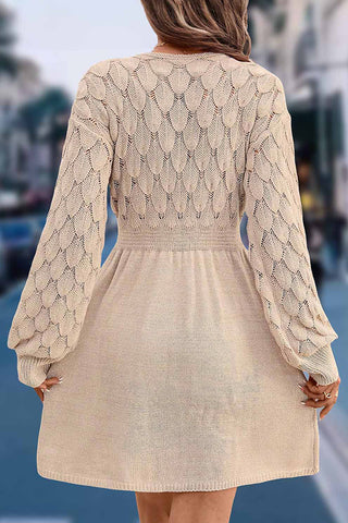V Neck Solid Color Crochet A-Line Dress