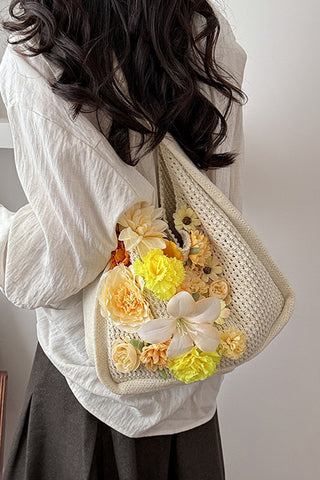Flower Design Color Block Weave Bag