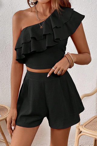 One Shoulder Ruffle Solid Two Piece Set