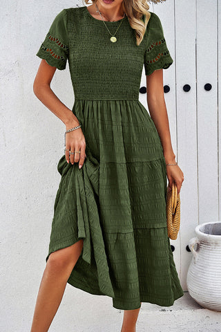Solid Color Smocked Round Neck Casual Dress