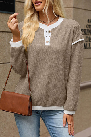Color Block Button Long Sleeve T-Shirt