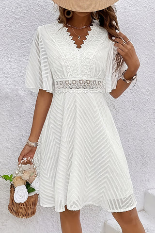 V Neck Lace Patchwork Hollow Solid Dress