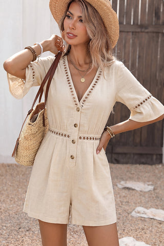 V Neck Solid Color Hollow Design Casual Romper