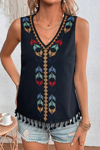 Bohemian Print V Neck Tassel Hem Top