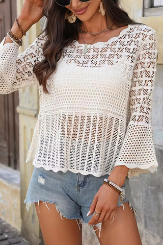 Solid Color Hollow Long Sleeve Knitted Tops