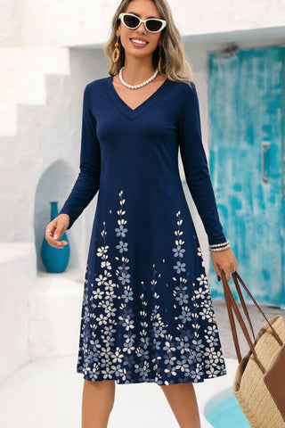 Fashion Printed V Neck Long Sleeve Dress