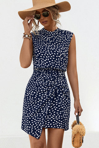Polka Dot Print Cowl Neck Sleeveless Mini Dress