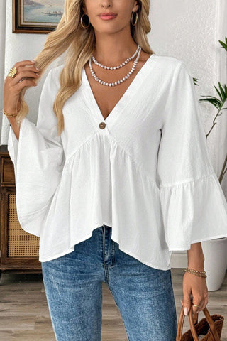 V Neck Solid Ruffle Sleeves Casual Tops