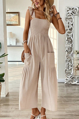 Solid Color Smocked Ruffle Straps Jumpsuit
