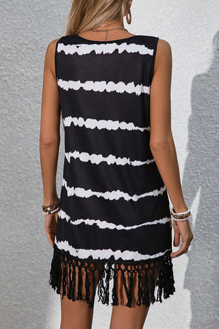 Color Block Tassel U Neck Sleeveless Mini Dress