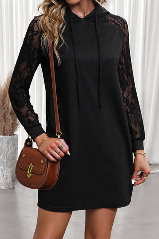 Lace Patchwork Long Sleeve Hoodie Dress