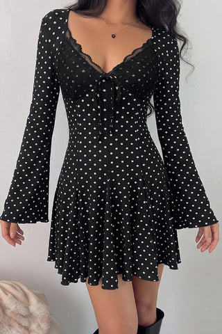 Vintage Polka Dot Print Lace V Neck Mini Dress
