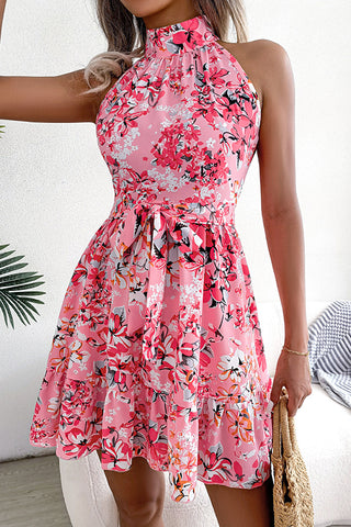 Floral Print Halter Neck Tie Waist Mini Dress